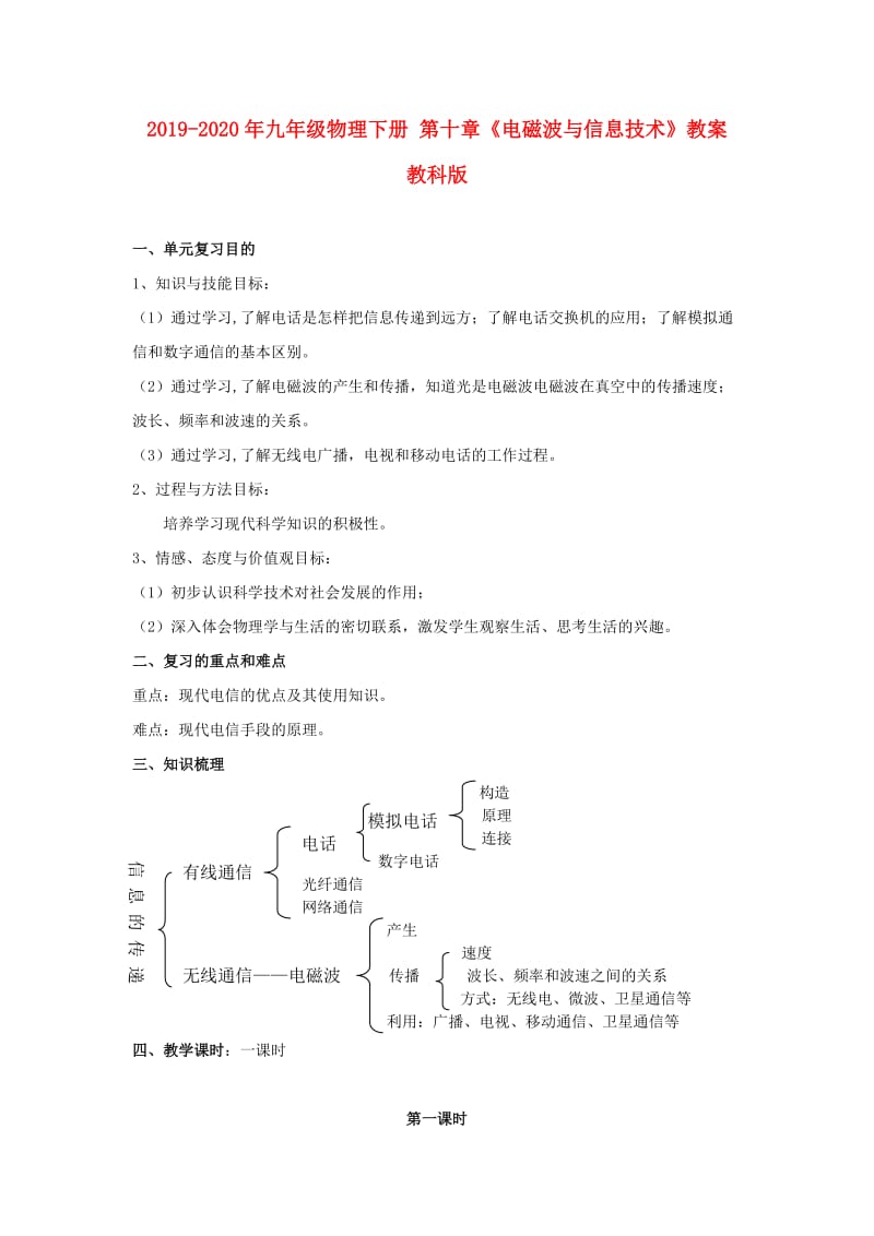 2019-2020年九年级物理下册 第十章《电磁波与信息技术》教案 教科版.doc_第1页