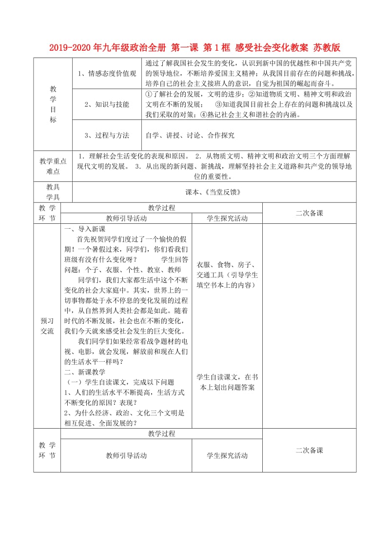 2019-2020年九年级政治全册 第一课 第1框 感受社会变化教案 苏教版.doc_第1页