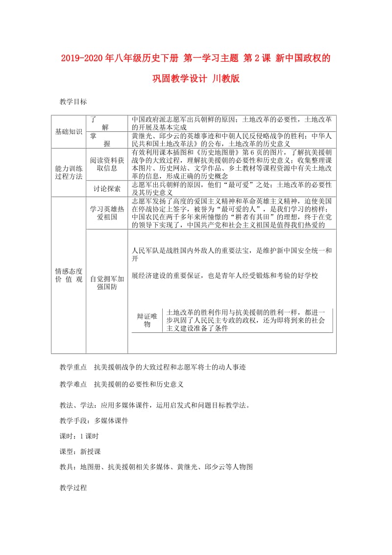 2019-2020年八年级历史下册 第一学习主题 第2课 新中国政权的巩固教学设计 川教版.doc_第1页