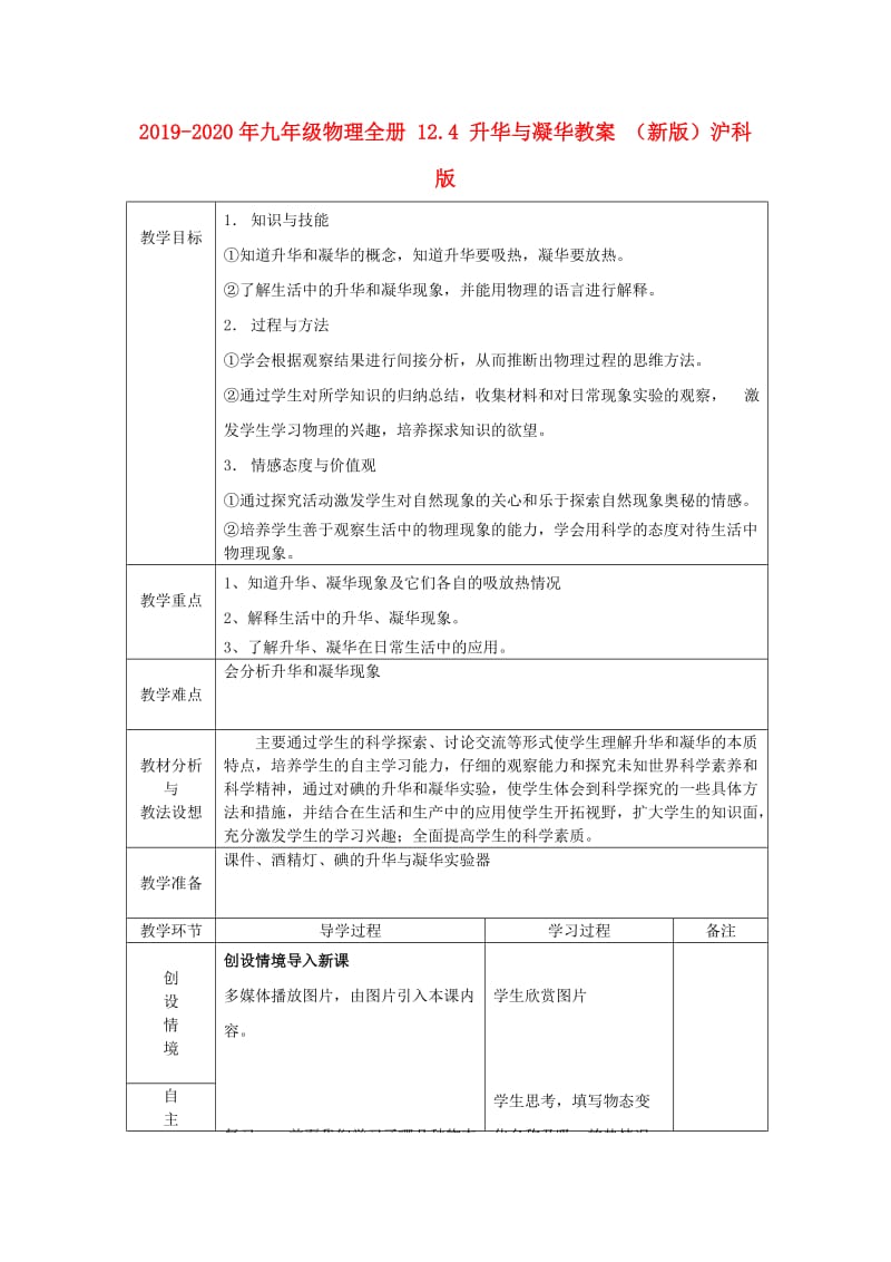 2019-2020年九年级物理全册 12.4 升华与凝华教案 （新版）沪科版.doc_第1页