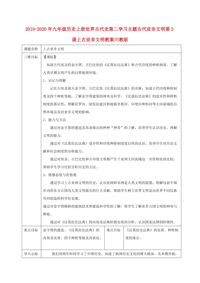 2019-2020年九年级历史上册世界古代史第二学习主题古代亚非文明第2课上古亚非文明教案川教版.doc_第1页