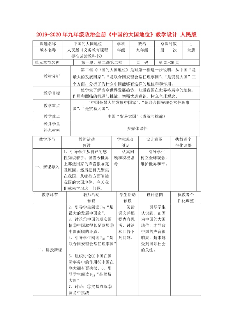 2019-2020年九年级政治全册《中国的大国地位》教学设计 人民版.doc_第1页