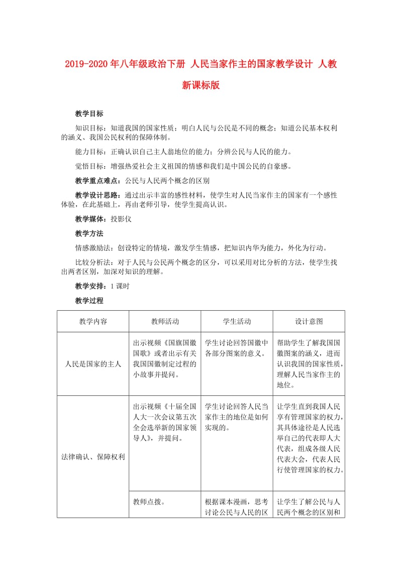 2019-2020年八年级政治下册 人民当家作主的国家教学设计 人教新课标版.doc_第1页