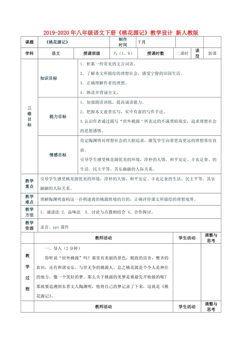 2019-2020年八年级语文下册《桃花源记》教学设计 新人教版.doc_第1页