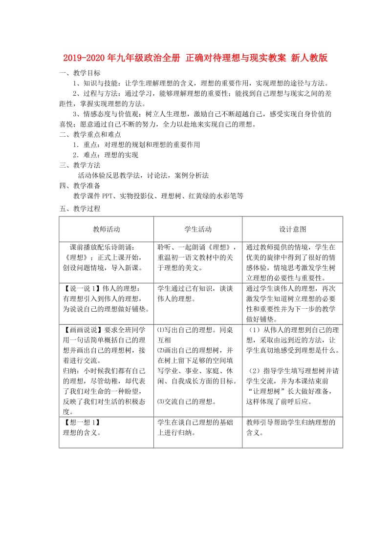 2019-2020年九年级政治全册 正确对待理想与现实教案 新人教版.doc_第1页