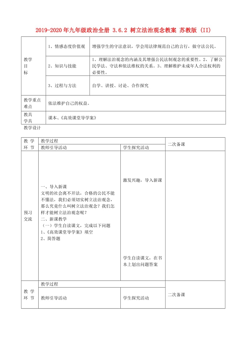 2019-2020年九年级政治全册 3.6.2 树立法治观念教案 苏教版 (II).doc_第1页