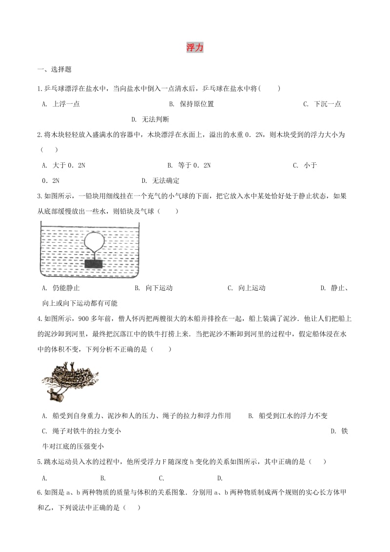 中考物理总复习 浮力专题训练（含解析）.doc_第1页