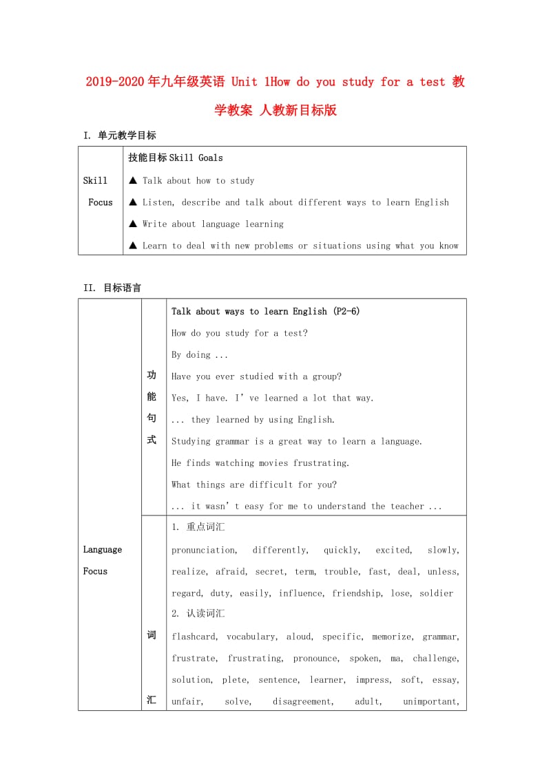 2019-2020年九年级英语 Unit 1How do you study for a test 教学教案 人教新目标版.doc_第1页