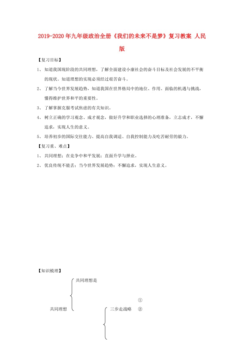 2019-2020年九年级政治全册《我们的未来不是梦》复习教案 人民版.doc_第1页