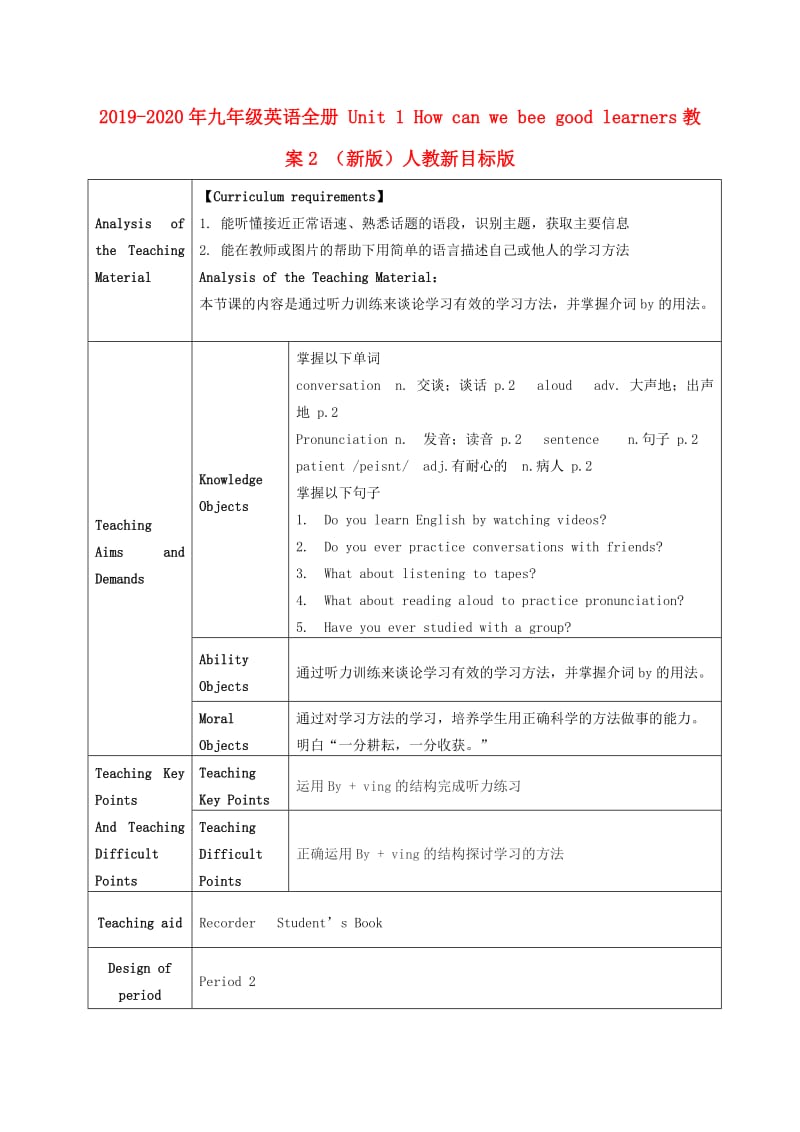 2019-2020年九年级英语全册 Unit 1 How can we become good learners教案2 （新版）人教新目标版.doc_第1页