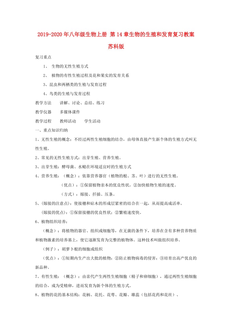 2019-2020年八年级生物上册 第14章生物的生殖和发育复习教案 苏科版.doc_第1页