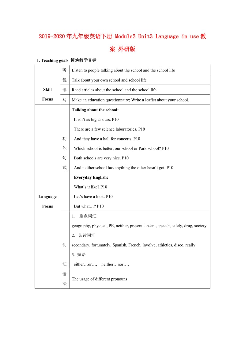 2019-2020年九年级英语下册 Module2 Unit3 Language in use教案 外研版.doc_第1页