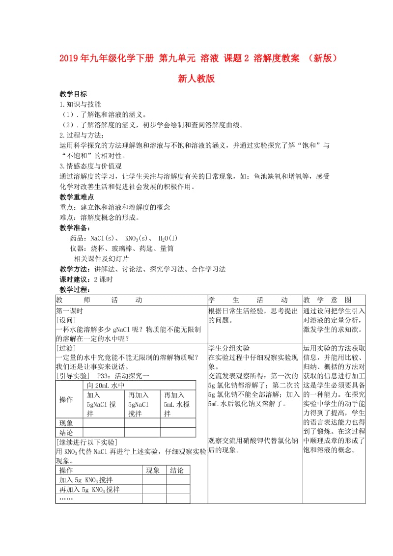 2019年九年级化学下册 第九单元 溶液 课题2 溶解度教案 （新版）新人教版.doc_第1页