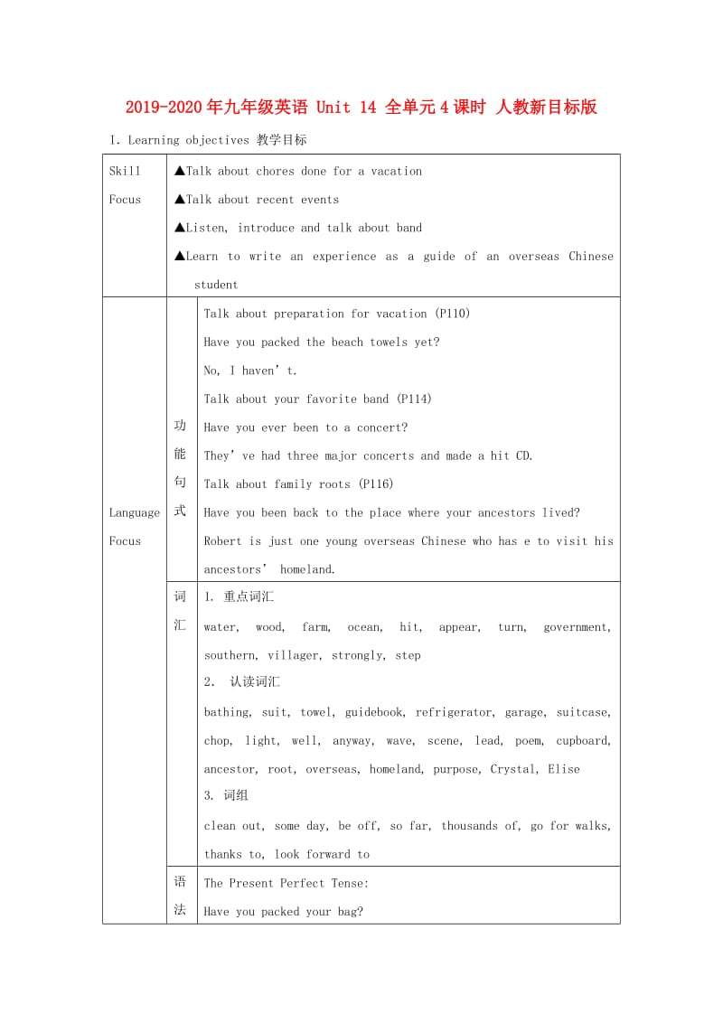 2019-2020年九年级英语 Unit 14 全单元4课时 人教新目标版.doc_第1页