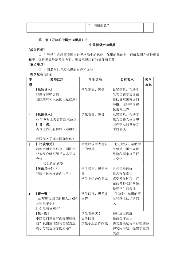 2019-2020年九年级政治 第一单元 第二节《开放的中国走向世界》教案 湘师版.doc_第2页