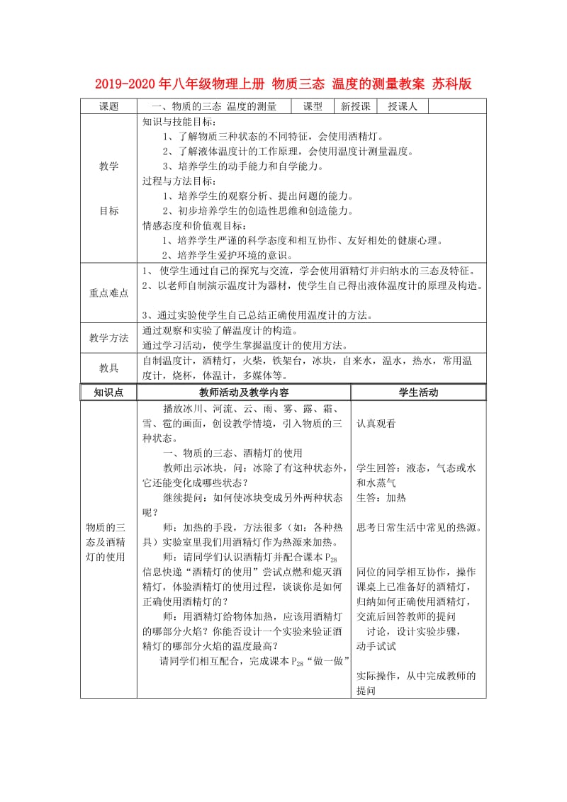 2019-2020年八年级物理上册 物质三态 温度的测量教案 苏科版.doc_第1页