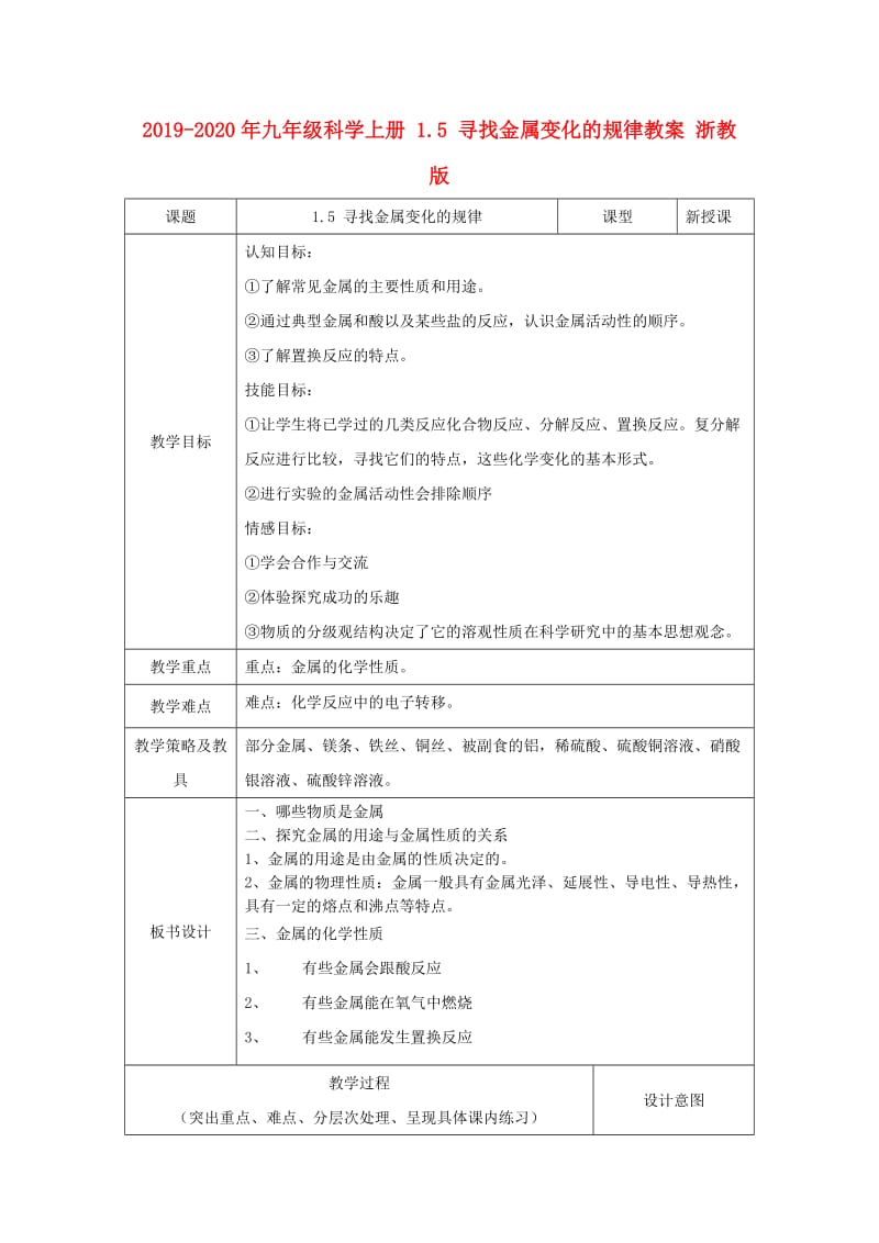 2019-2020年九年级科学上册 1.5 寻找金属变化的规律教案 浙教版.doc_第1页