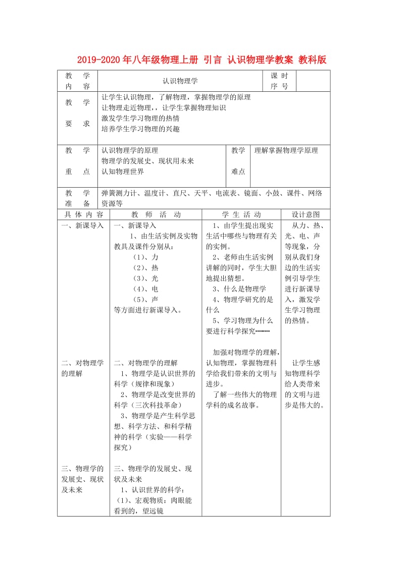 2019-2020年八年级物理上册 引言 认识物理学教案 教科版.doc_第1页