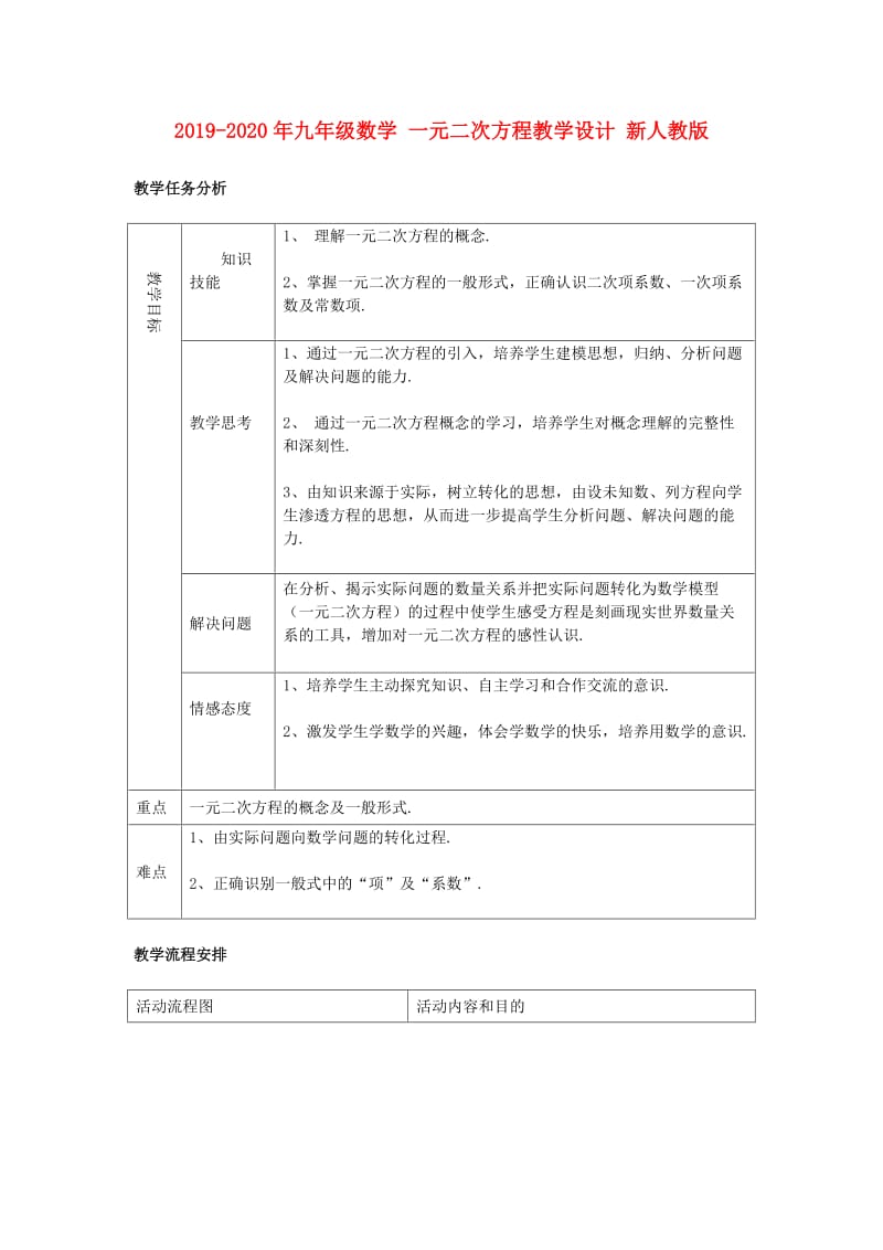 2019-2020年九年级数学 一元二次方程教学设计 新人教版.doc_第1页