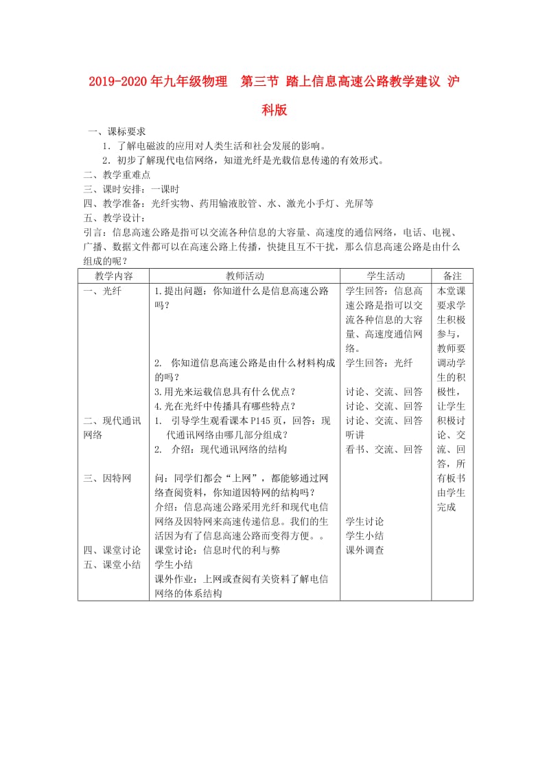 2019-2020年九年级物理 第三节 踏上信息高速公路教学建议 沪科版.doc_第1页