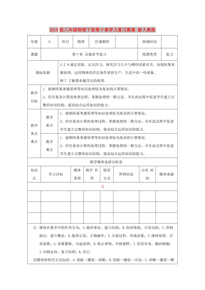 2019版八年级物理下册第十章浮力复习教案 新人教版.doc_第1页