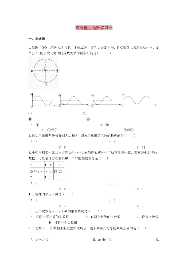 2019中考数学 综合能力提升练习一（含解析）.doc_第1页