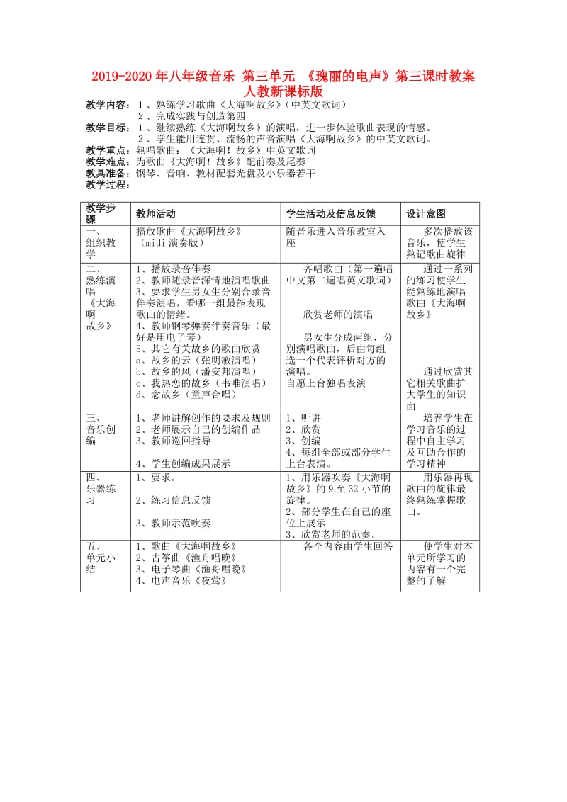 2019-2020年八年级音乐 第三单元 《瑰丽的电声》第三课时教案 人教新课标版.doc_第1页