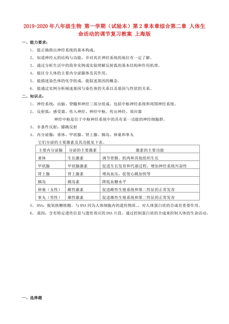 2019-2020年八年级生物 第一学期（试验本）第2章本章综合第二章 人体生命活动的调节复习教案 上海版.doc_第1页