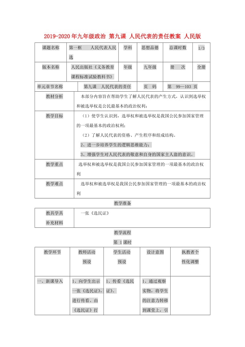 2019-2020年九年级政治 第九课 人民代表的责任教案 人民版.doc_第1页