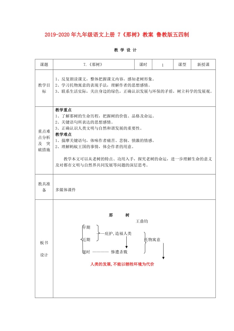 2019-2020年九年级语文上册 7《那树》教案 鲁教版五四制.doc_第1页