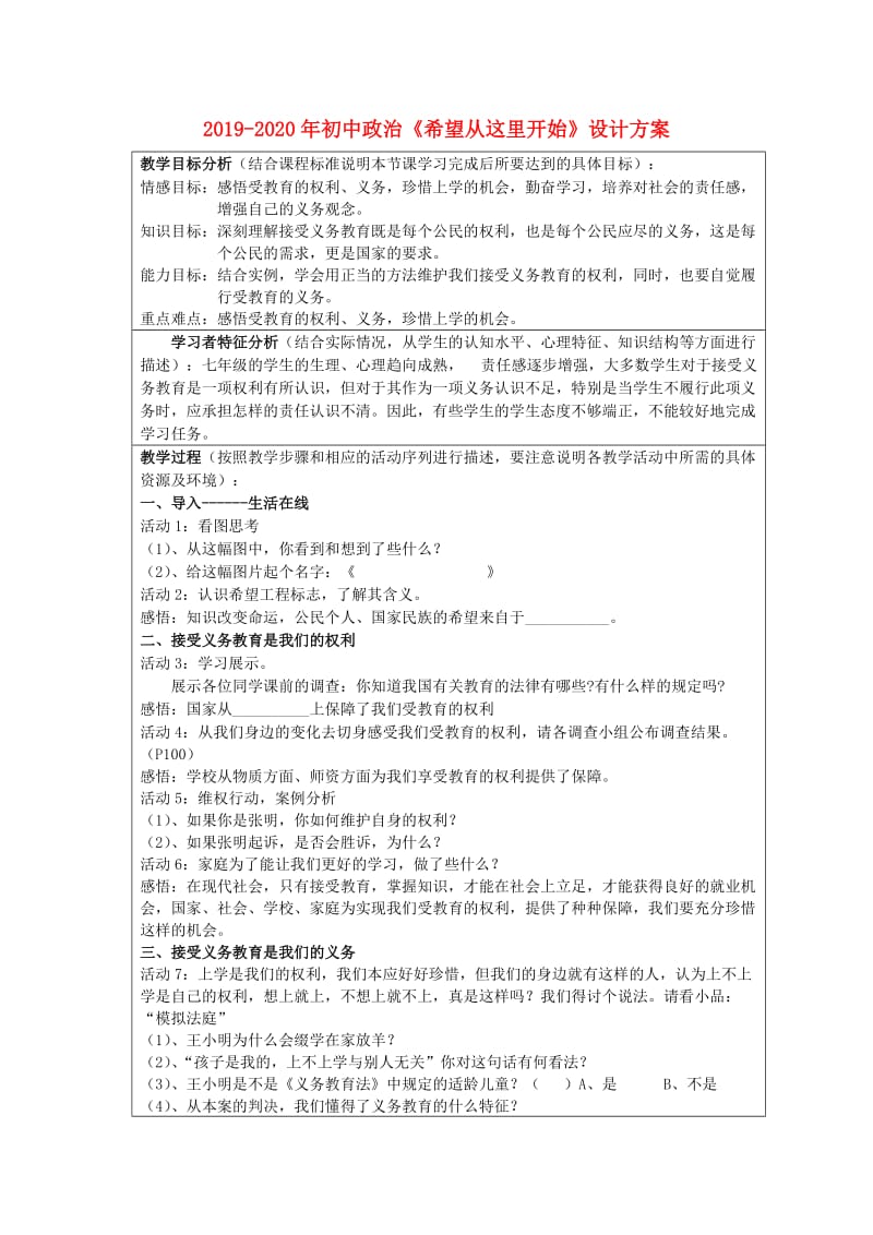 2019-2020年初中政治《希望从这里开始》设计方案.doc_第1页