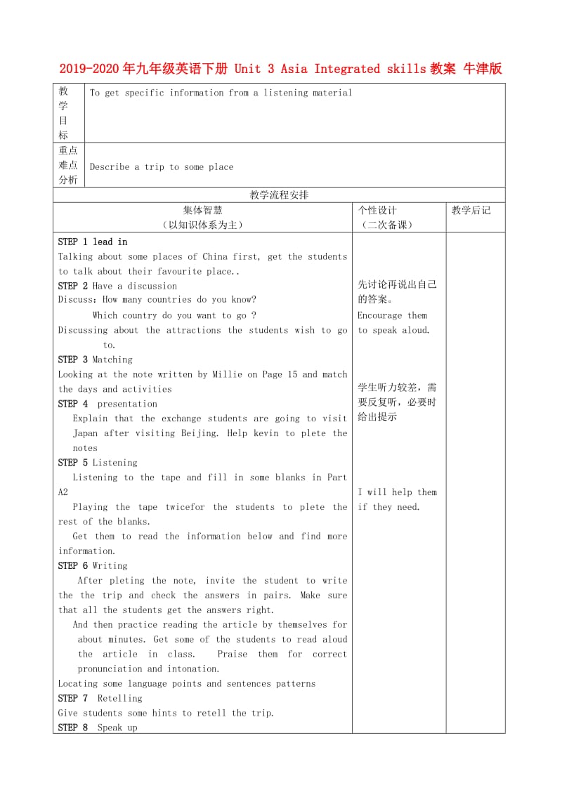 2019-2020年九年级英语下册 Unit 3 Asia Integrated skills教案 牛津版.doc_第1页