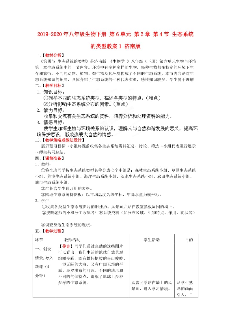 2019-2020年八年级生物下册 第6单元 第2章 第4节 生态系统的类型教案1 济南版.doc_第1页