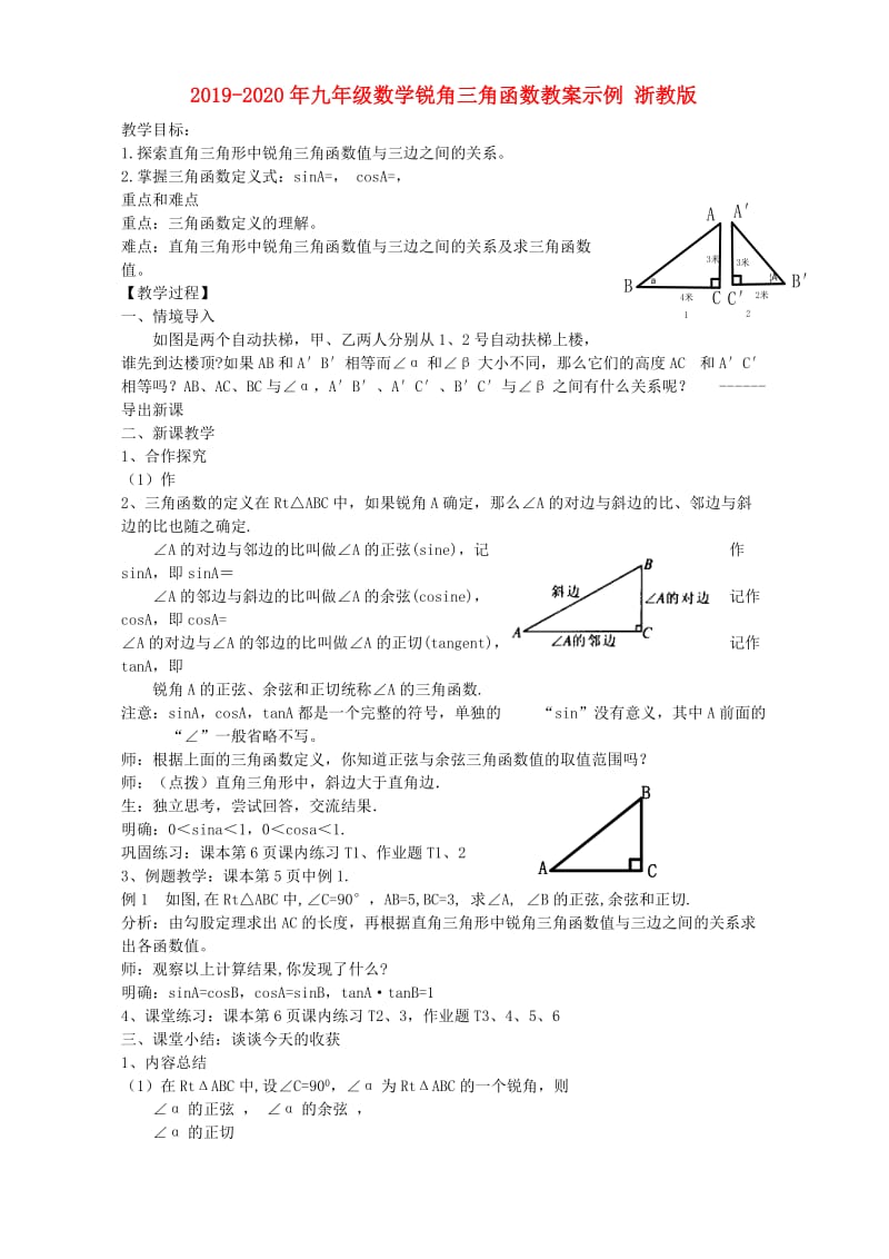 2019-2020年九年级数学锐角三角函数教案示例 浙教版.doc_第1页