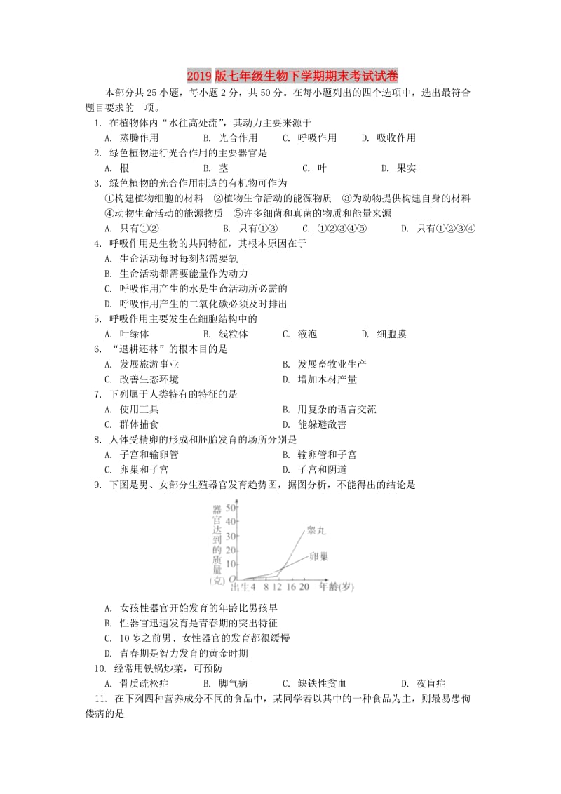 2019版七年级生物下学期期末考试试卷.doc_第1页