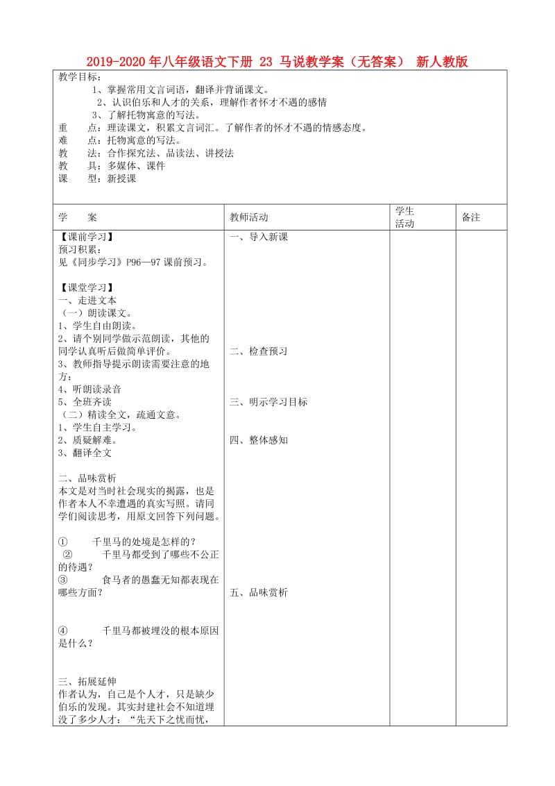 2019-2020年八年级语文下册 23 马说教学案（无答案） 新人教版.doc_第1页