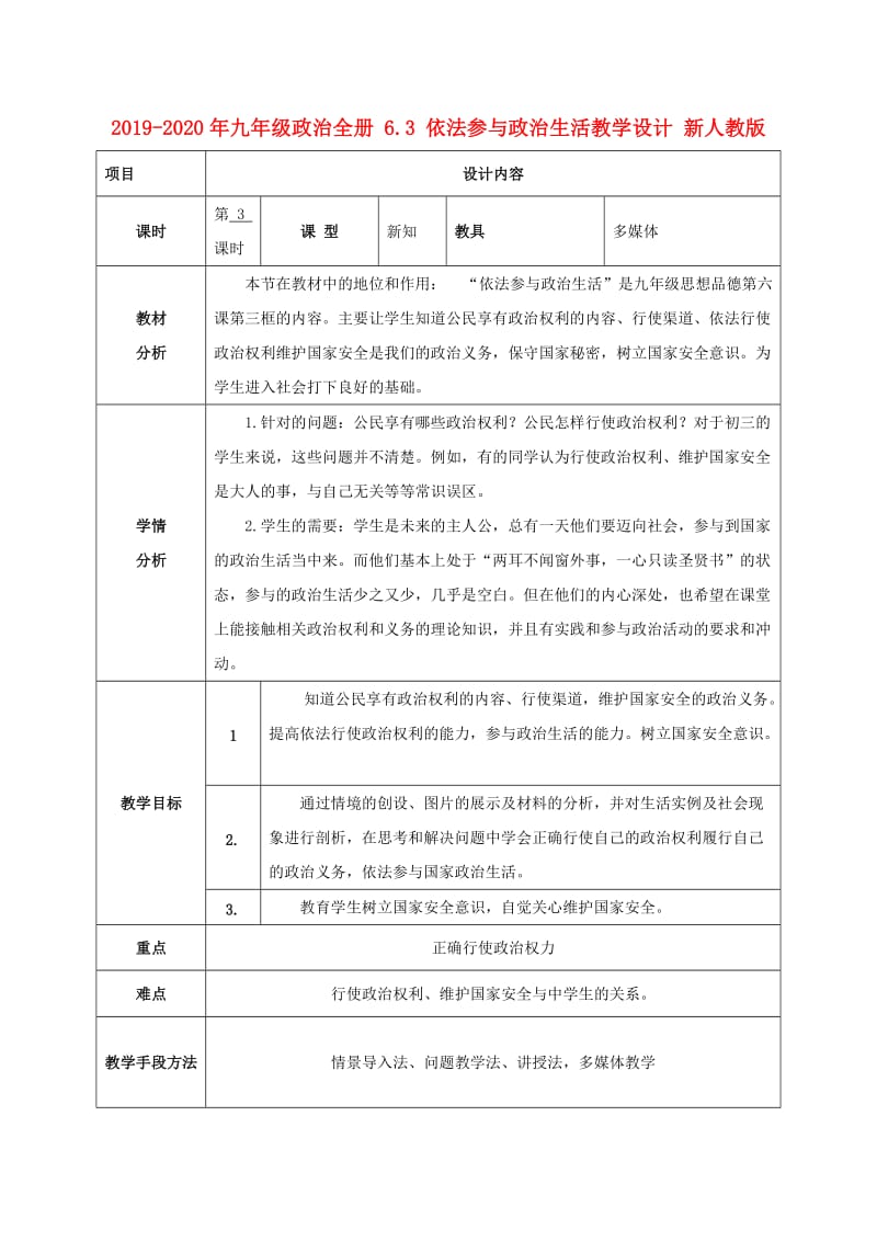 2019-2020年九年级政治全册 6.3 依法参与政治生活教学设计 新人教版.doc_第1页