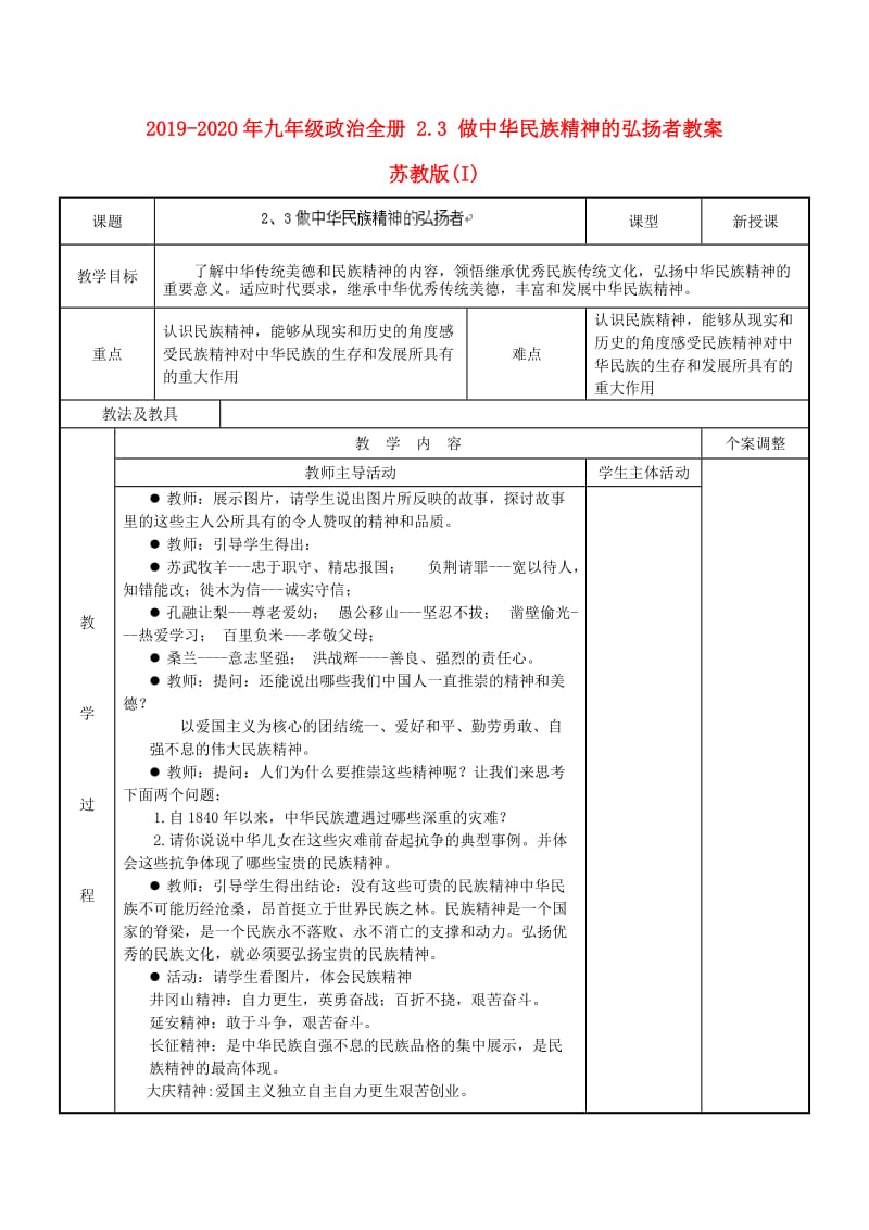 2019-2020年九年级政治全册 2.3 做中华民族精神的弘扬者教案 苏教版(I).doc_第1页