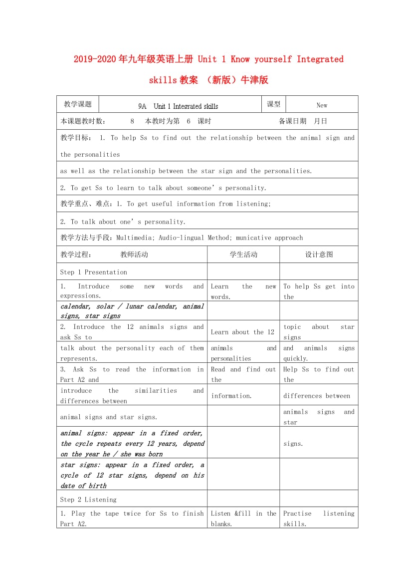 2019-2020年九年级英语上册 Unit 1 Know yourself Integrated skills教案 （新版）牛津版.doc_第1页