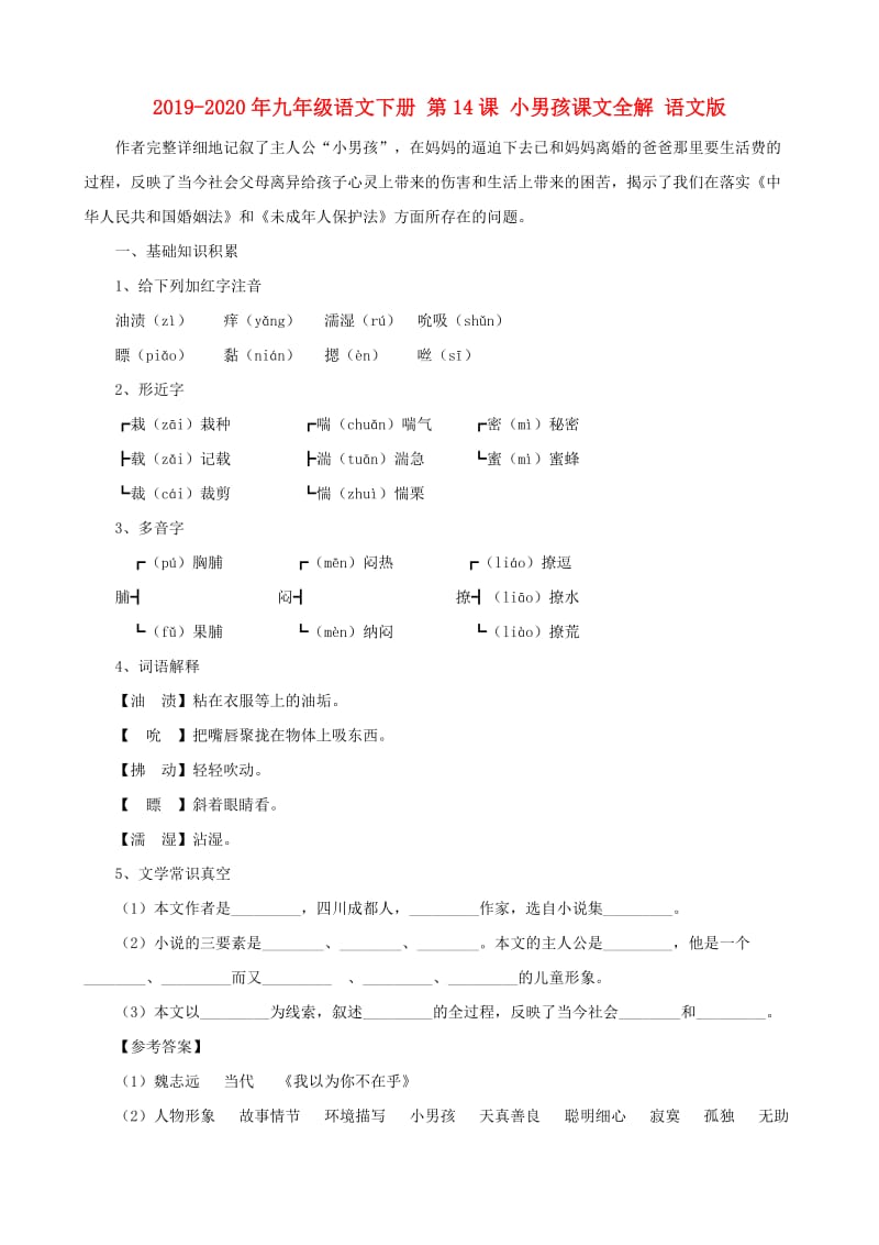 2019-2020年九年级语文下册 第14课 小男孩课文全解 语文版.doc_第1页