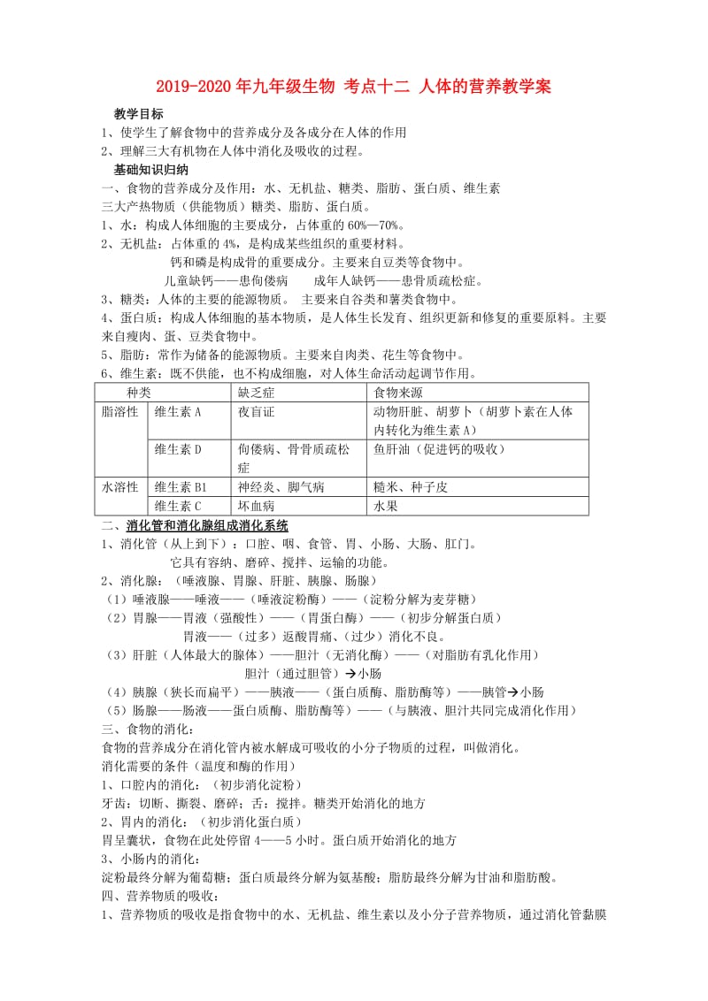 2019-2020年九年级生物 考点十二 人体的营养教学案.doc_第1页