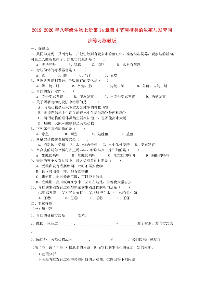 2019-2020年八年级生物上册第14章第4节两栖类的生殖与发育同步练习苏教版.doc_第1页