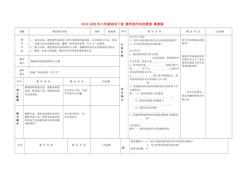 2019-2020年八年级政治下册 感受现代科技教案 鲁教版.doc_第1页