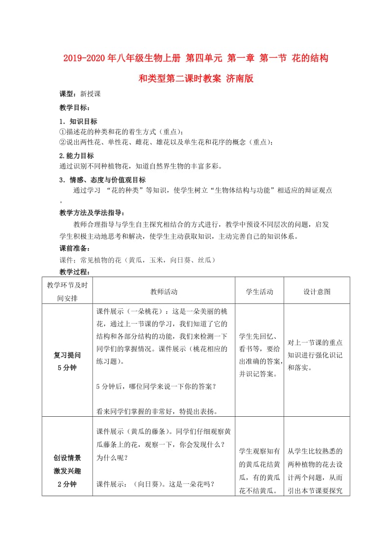 2019-2020年八年级生物上册 第四单元 第一章 第一节 花的结构和类型第二课时教案 济南版.doc_第1页