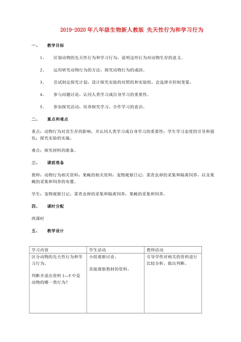 2019-2020年八年级生物新人教版 先天性行为和学习行为.doc_第1页