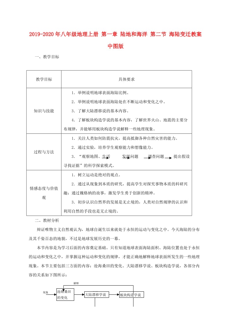 2019-2020年八年级地理上册 第一章 陆地和海洋 第二节 海陆变迁教案 中图版.doc_第1页