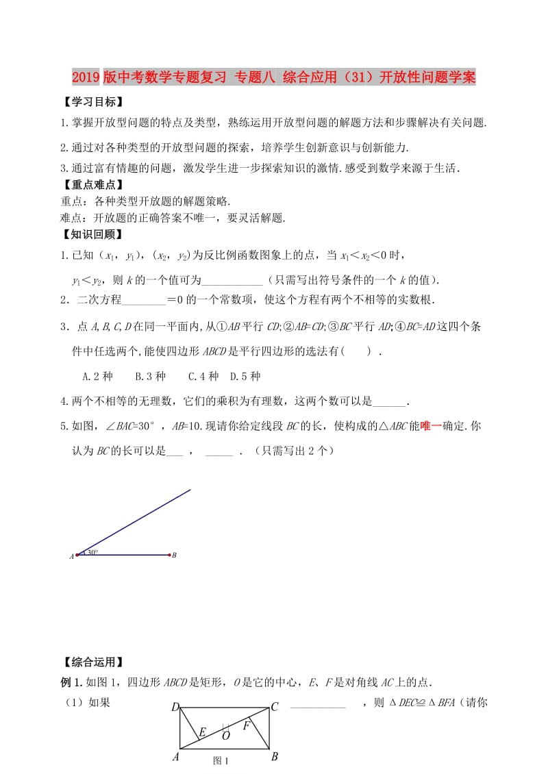 2019版中考数学专题复习 专题八 综合应用（31）开放性问题学案.doc_第1页