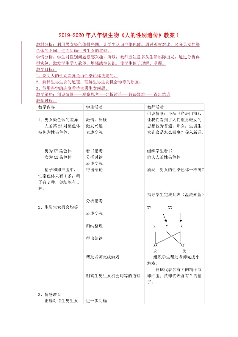 2019-2020年八年级生物《人的性别遗传》教案1.doc_第1页