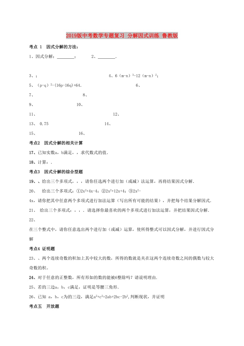 2019版中考数学专题复习 分解因式训练 鲁教版.doc_第1页