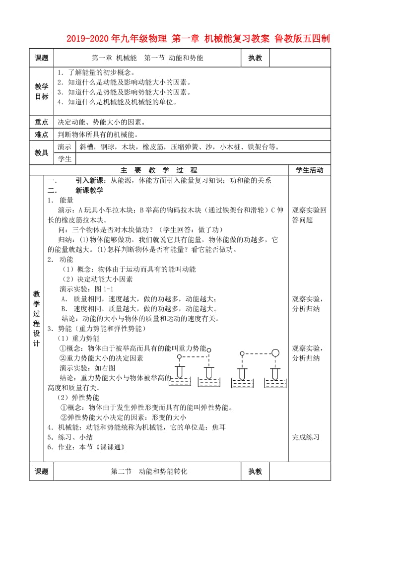 2019-2020年九年级物理 第一章 机械能复习教案 鲁教版五四制.doc_第1页